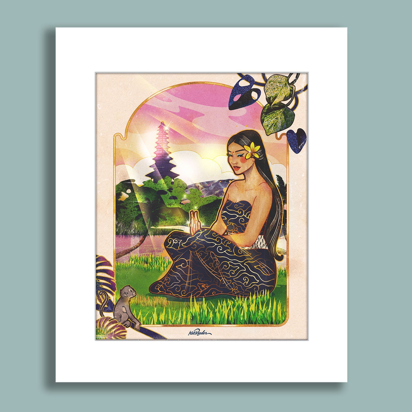 Art print of a serene tropical woman in Bali attire with a plumeria flower in her hair, set against a lush sunset landscape. By Kat Reeder.