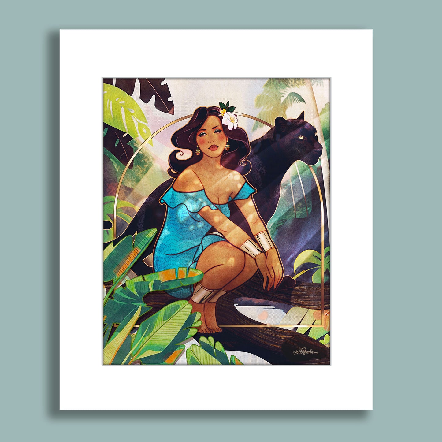 Bold retro jungle illustration of a glamorous woman in a blue dress with a black panther behind her, surrounded by tropical foliage. By Kat Reeder.