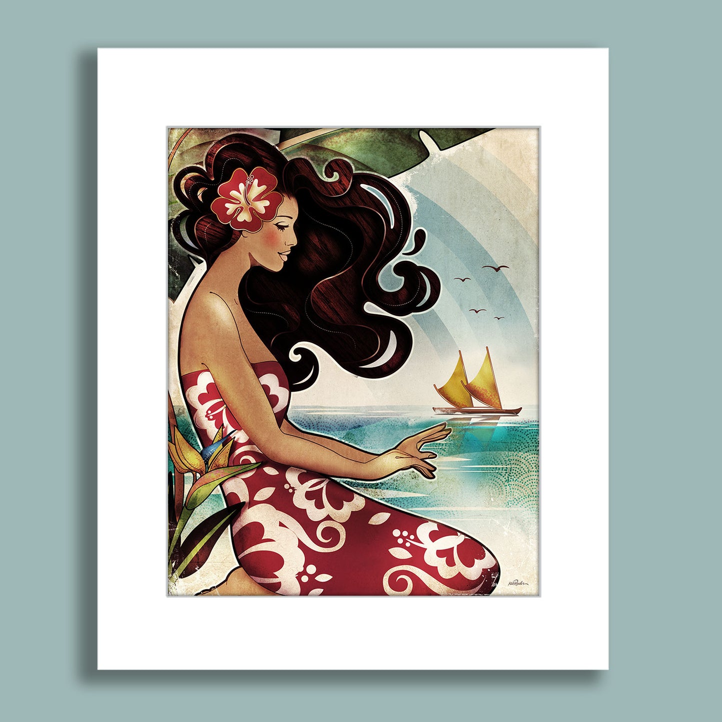 Hawaiian woman in red hibiscus dress watching a yellow canoe by the sea, with tropical foliage and stylized waves in the background.