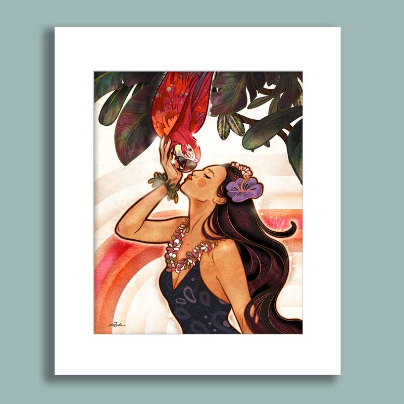 Artistic illustration of a woman with a parrot on her shoulder against a tropical background