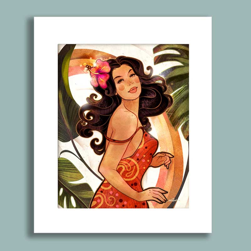 Illustration of a woman with a butterfly on her shoulder against a tropical leaf background