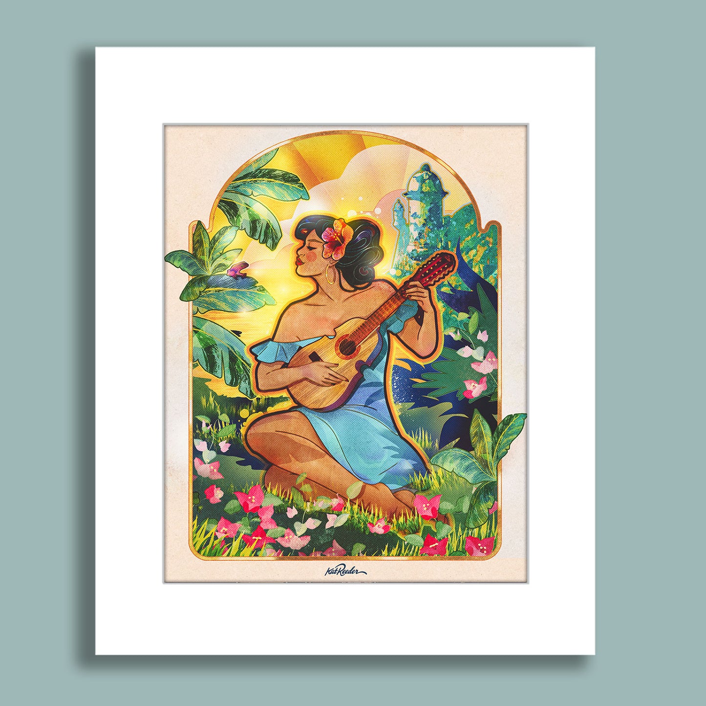 Puerto Rican woman in blue dress playing guitar in a tropical garden with Old San Juan architecture and sunlight behind her.