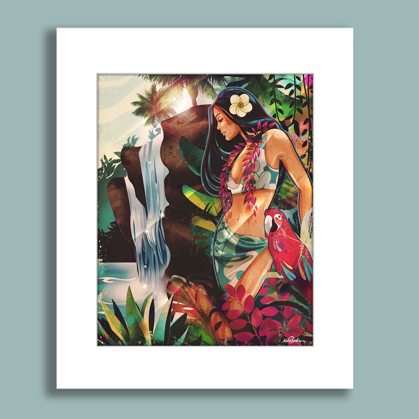 Tropical woman in a leaf-print outfit standing near a jungle waterfall with a red parrot and lush foliage.
