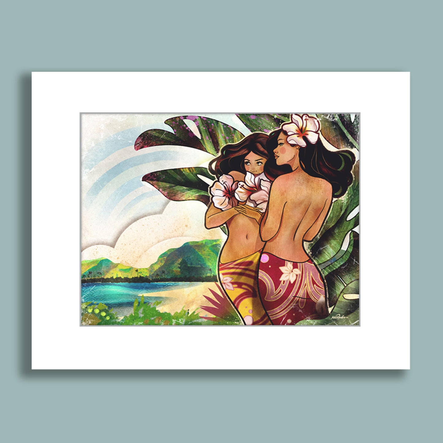 Two Hawaiian women in floral sarongs holding flowers, standing near the ocean with tropical foliage behind them.