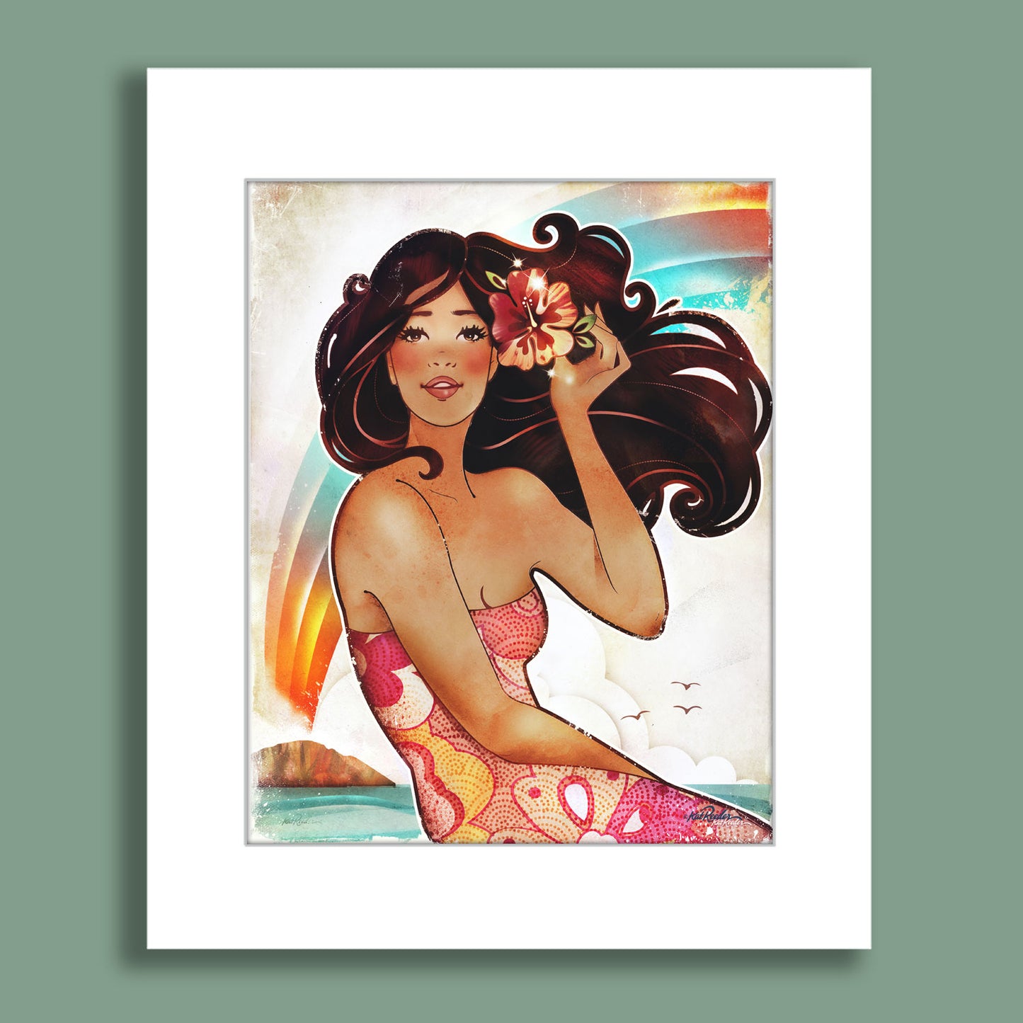 Tropical woman in a pink floral dress holding a hibiscus flower with long flowing hair, standing before a rainbow and ocean backdrop.