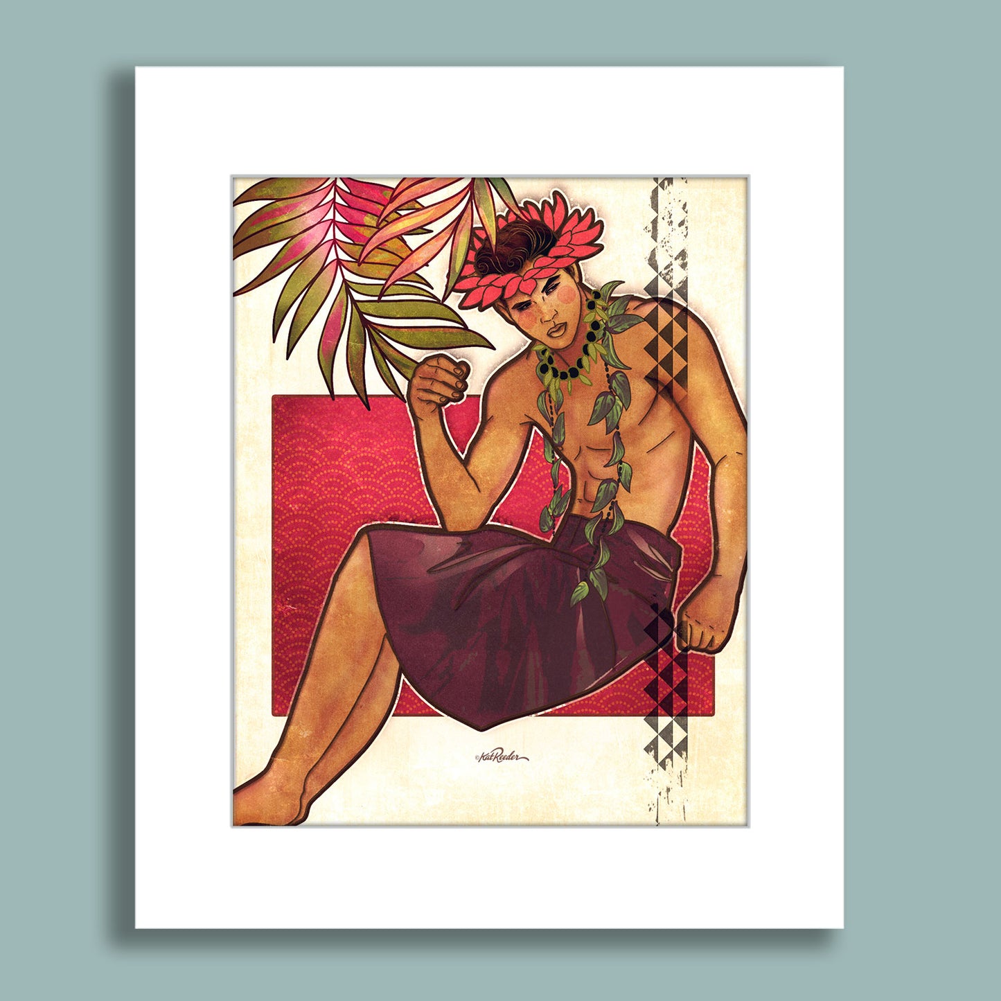 Male Hawaiian hula dancer in red sarong with tropical leaves and haku lei, sitting confidently against patterned background.