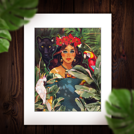 matted print of a vintage-style illustration of a Jungle Queen, surrounded by her animals in a lush jungle. Vintage retro style Hawaiian art pin up print. 