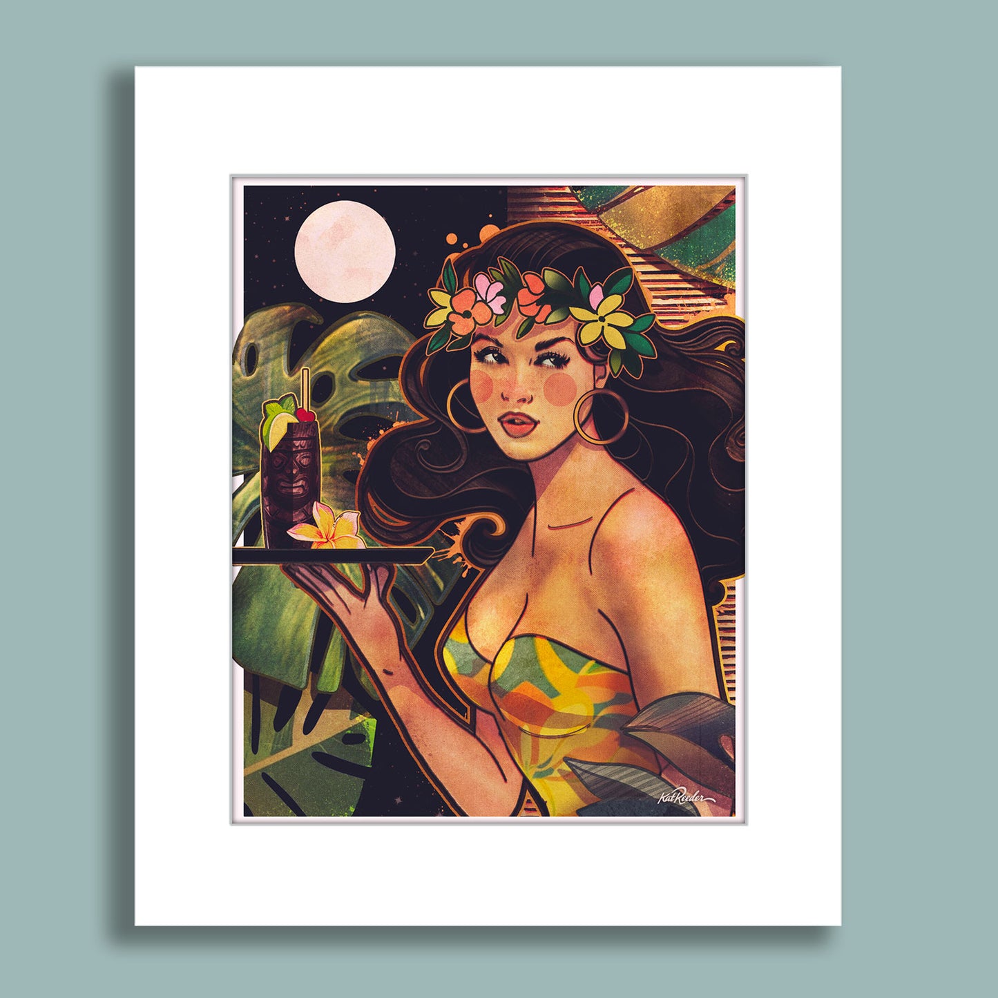 Hawaiian waitress in floral dress holding a tiki cocktail with a moonlit jungle and retro tiki bar behind her.