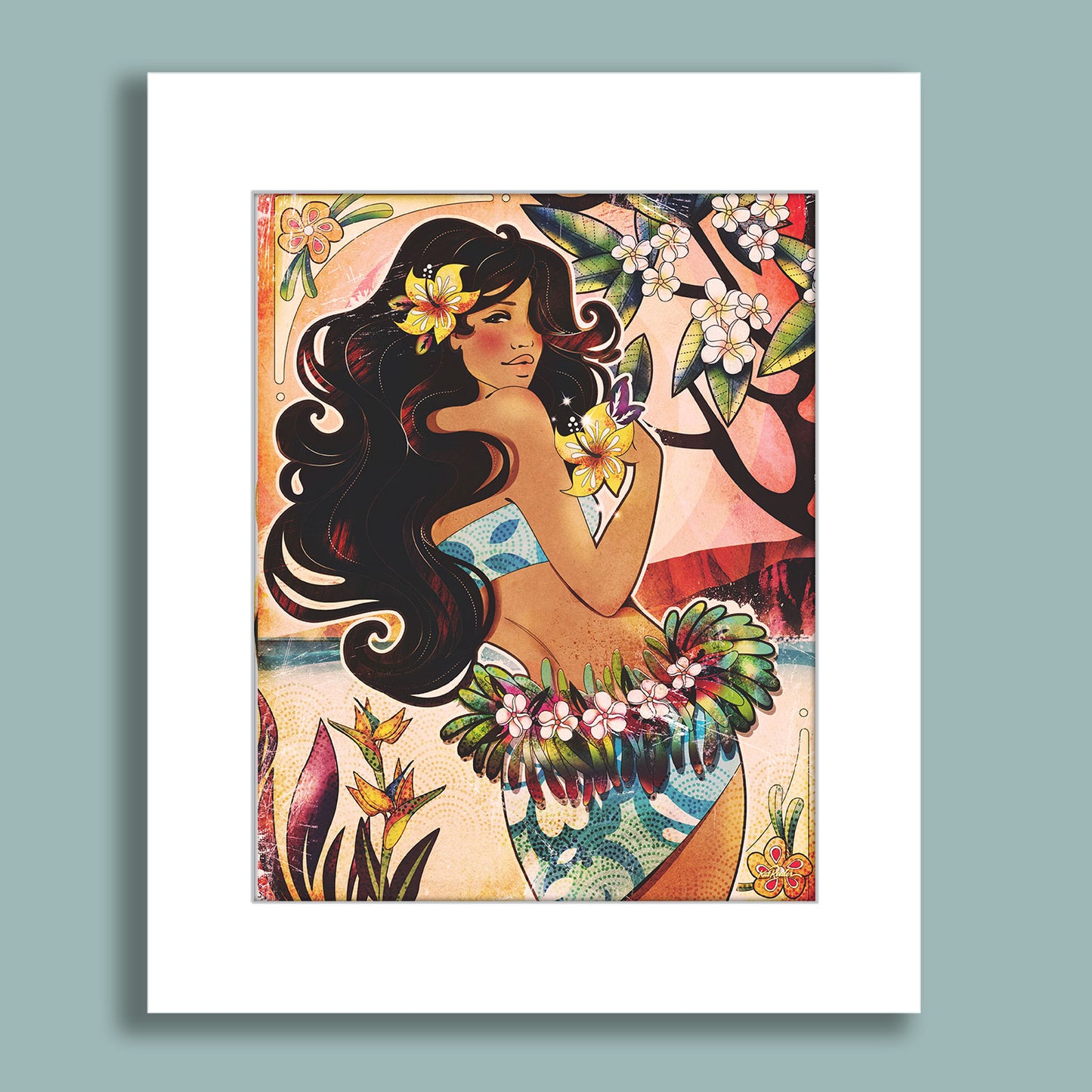 Tropical girl with long dark hair wearing a hula skirt and floral bikini, surrounded by plumeria flowers and bright colors.