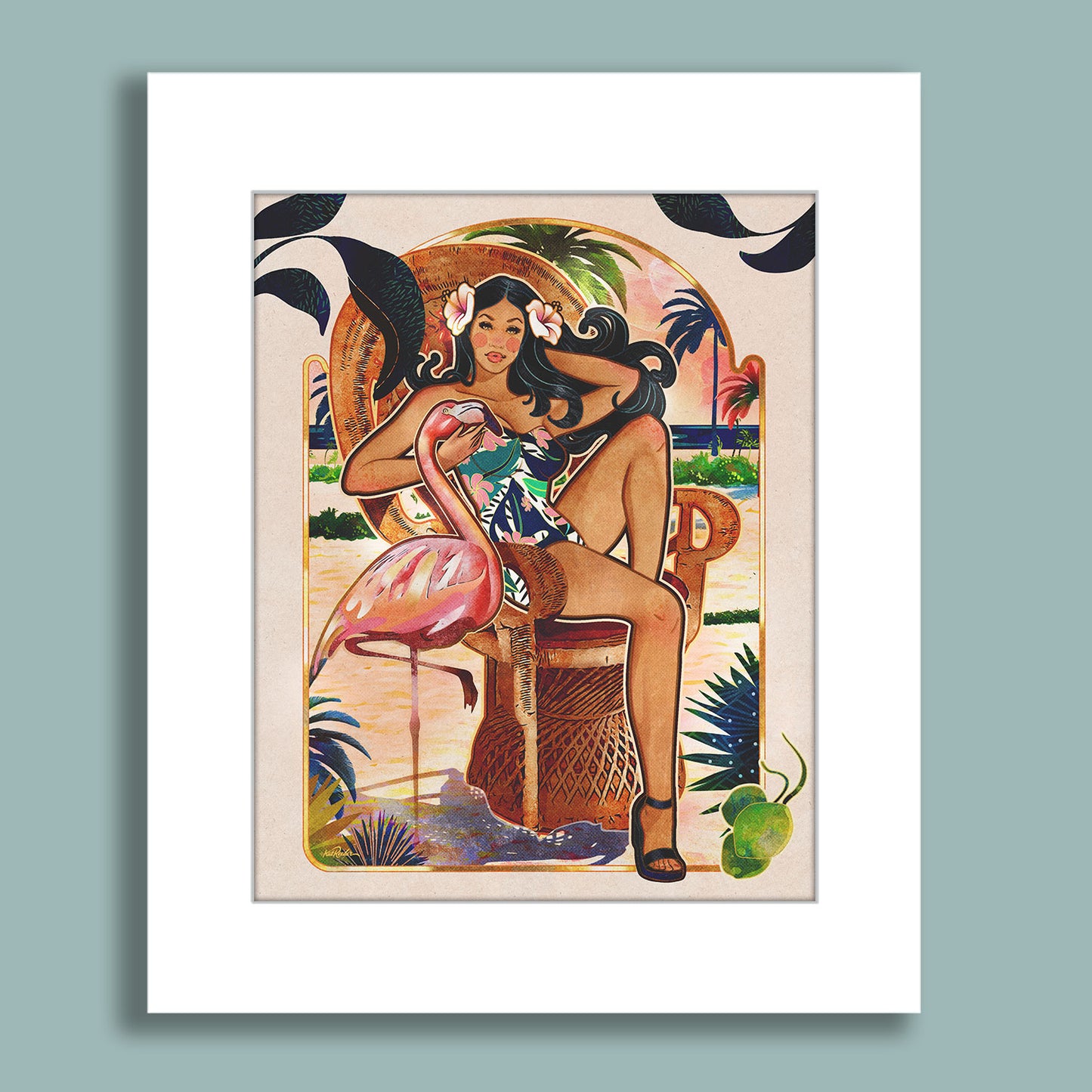 Tropical pinup girl lounging with a pink flamingo on a beach, surrounded by palm trees and coconuts.