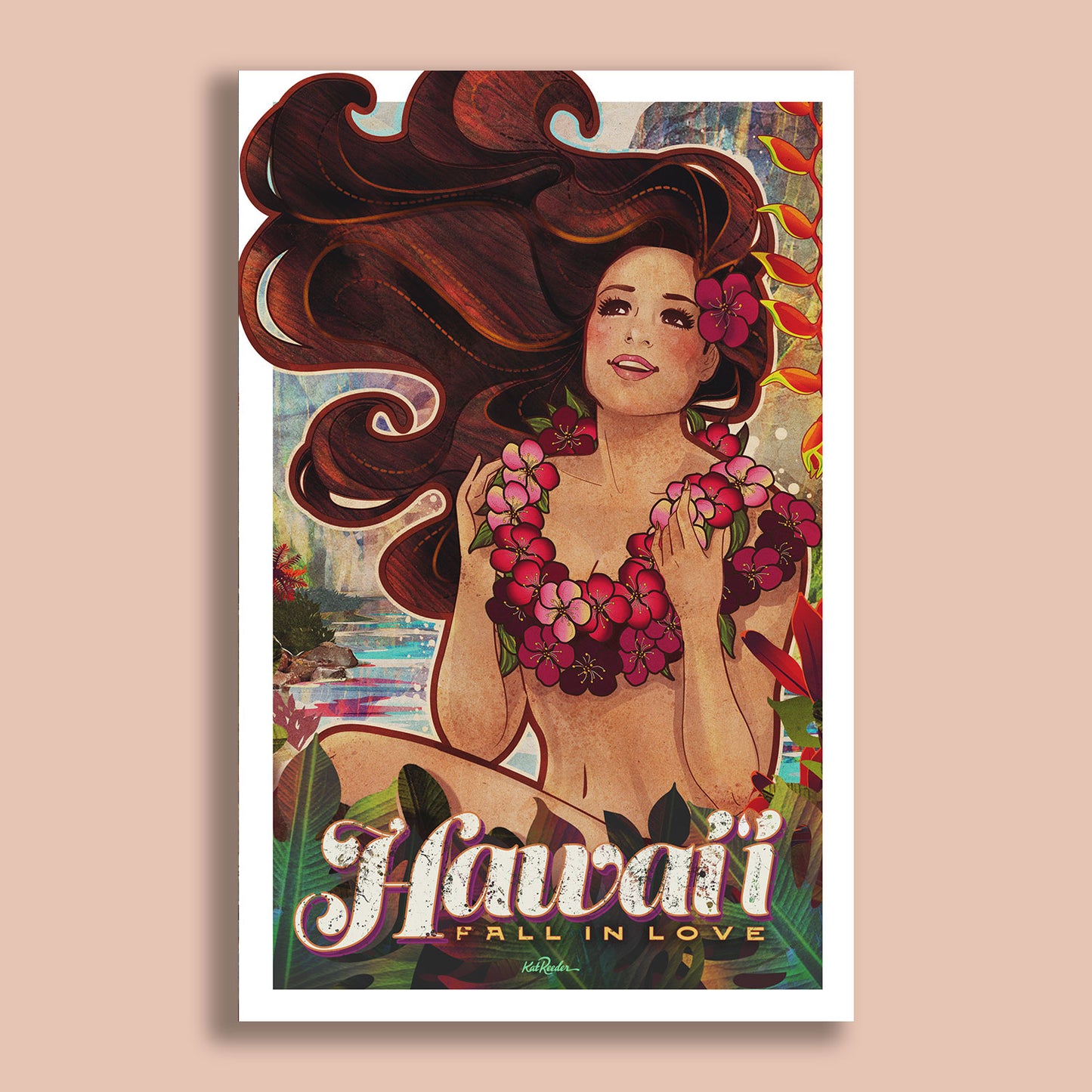 Vintage-style poster of a Hawaiian woman with long flowing hair and a pink flower lei, by Kat Reeder