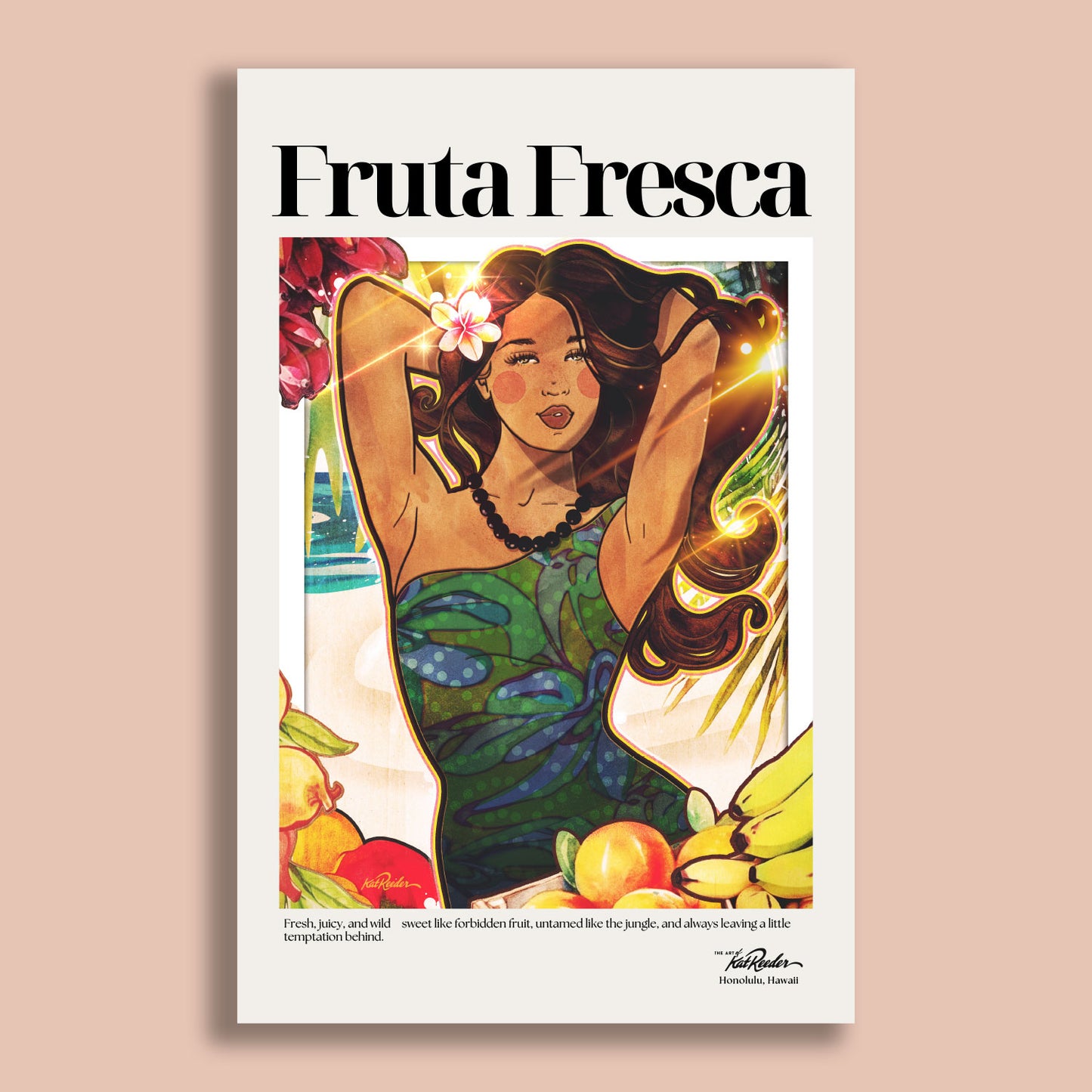 Tropical pin-up poster of a woman surrounded by fruit with glowing sunset tones, by Kat Reeder