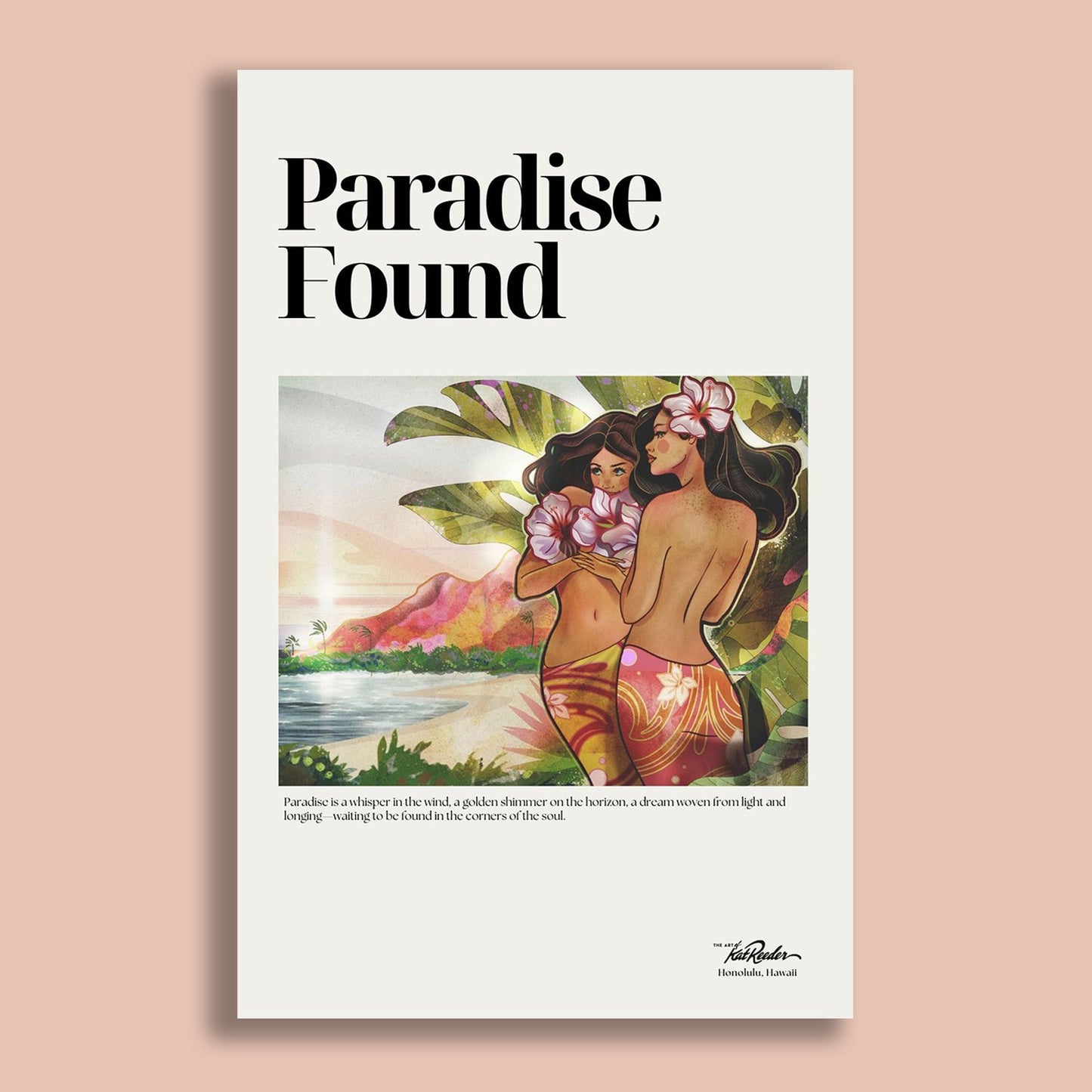 Tropical poster of two Hawaiian women wrapped in hibiscus flowers with a dreamy island sunset, by Kat Reeder