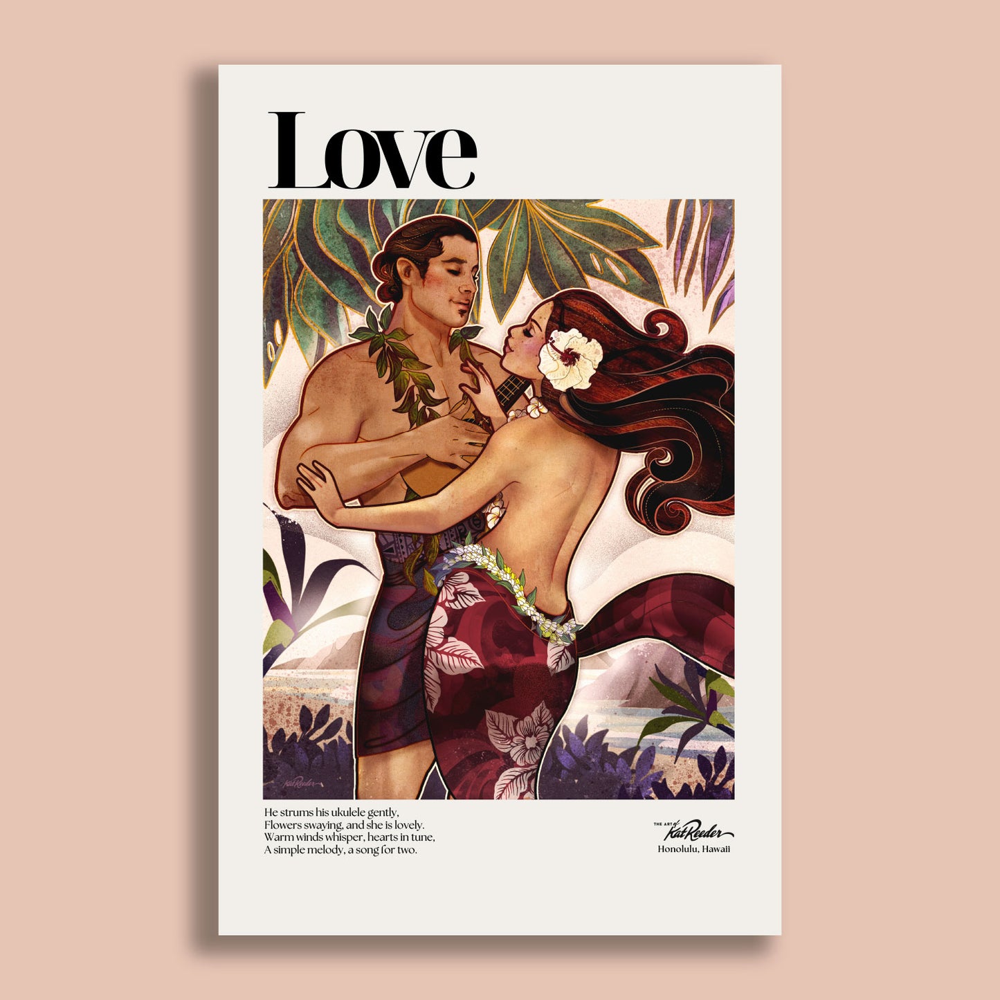 Poster of a Hawaiian couple dancing with a ukulele, bathed in soft tropical colors, by Kat Reeder