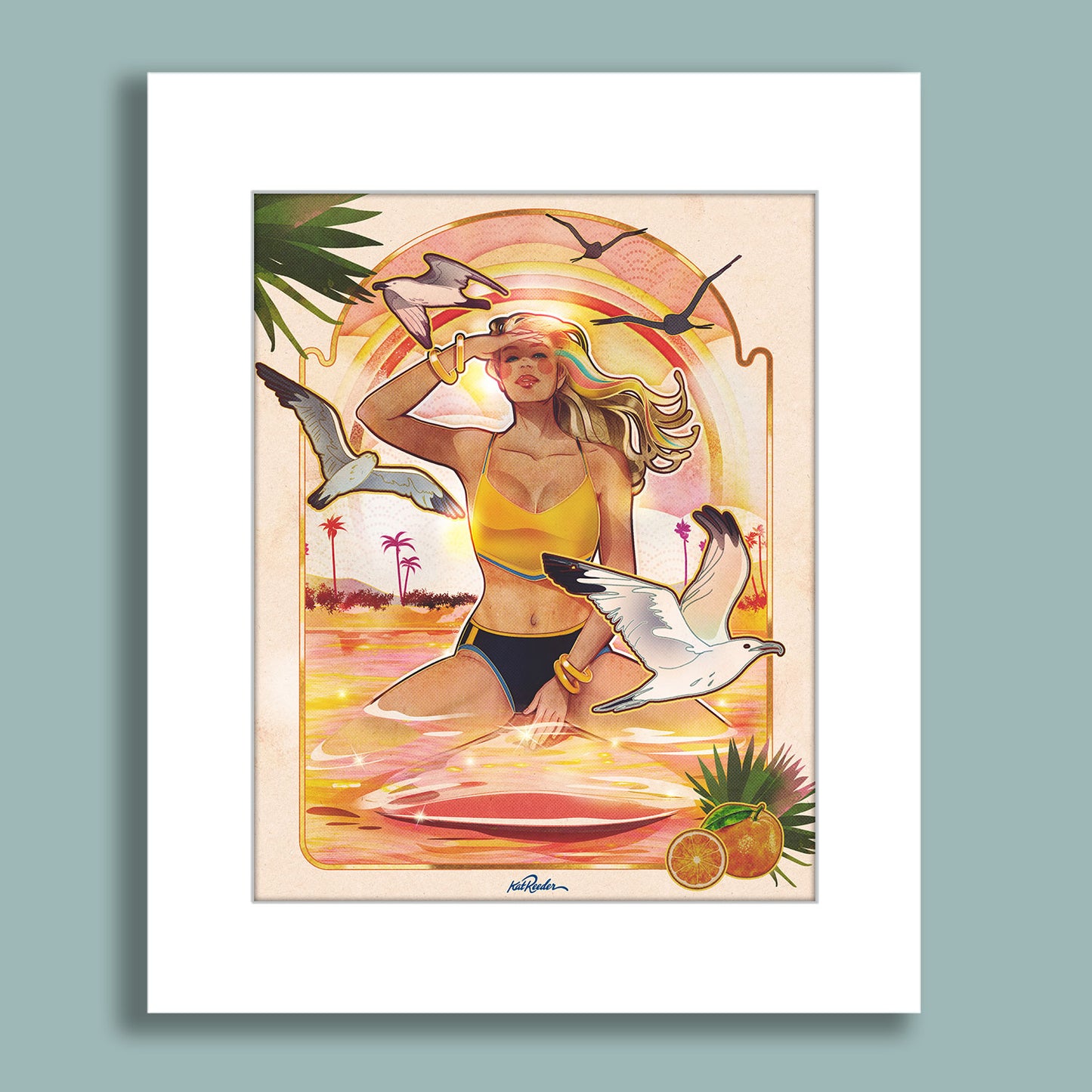 Blonde woman in yellow bikini top standing in glowing orange water with seagulls flying around and palm trees in background.