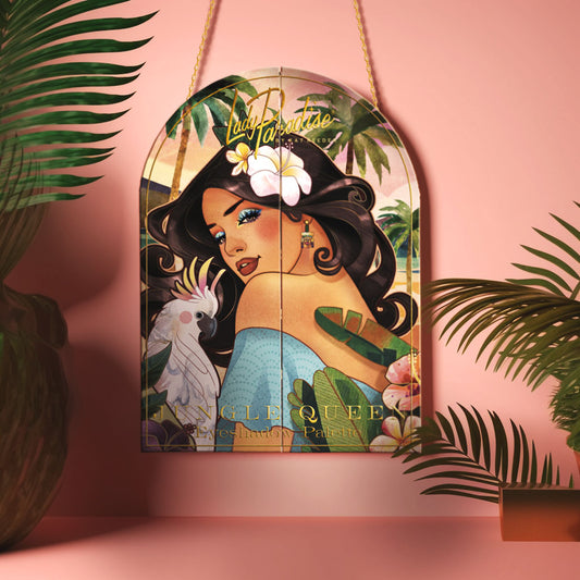 Illustrated eyeshadow palette with Jungle Queen portrait, adorned with a gold chain for easy wall hanging