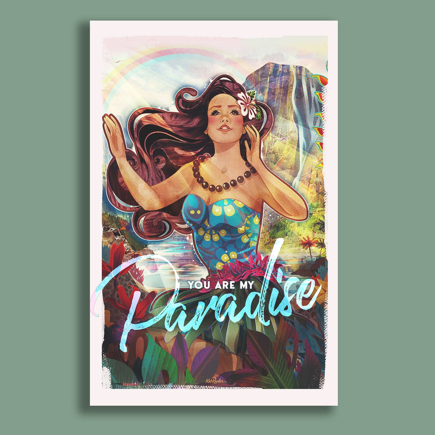 Hawaiian woman in a blue dress with lush tropical foliage and the words 'You Are My Paradise'