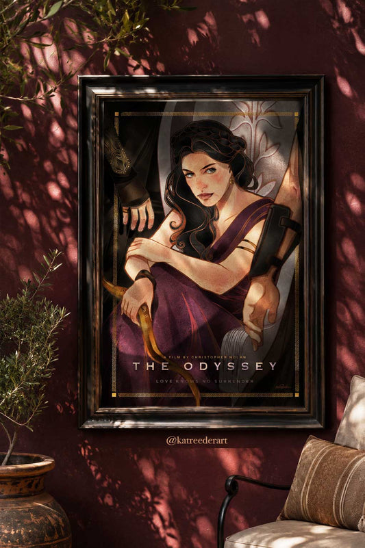 A framed art print of Disney's The Odyssey featuring Eurydice in a purple gown, displayed on a dark red wall with decorative plants and a chair in a styled room setting.