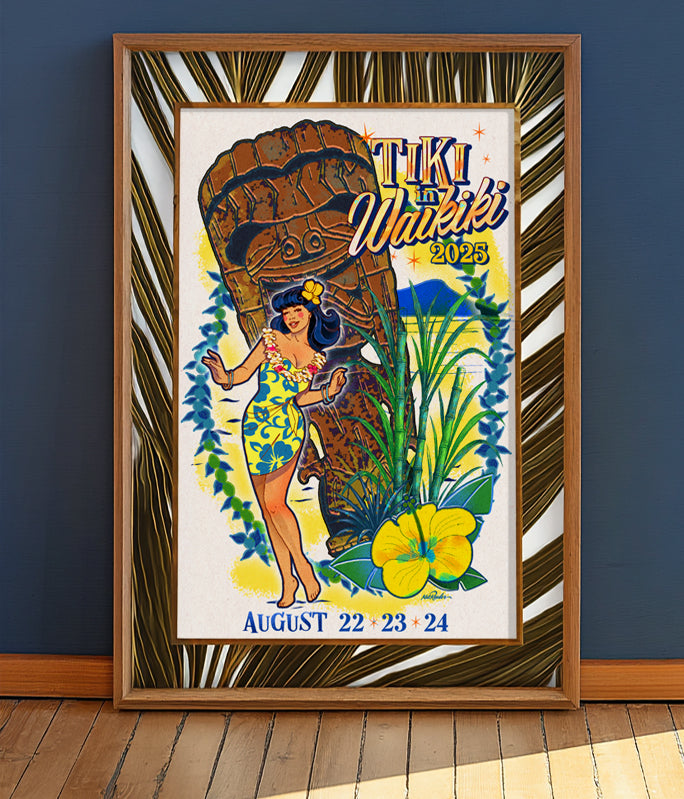 iki in Waikiki 2025 official poster featuring a retro-style Hawaiian pin-up girl in a yellow floral dress standing in front of a large tiki statue, with tropical plants and Diamond Head in the background. Designed by Kat Reeder. 11x17 matte print.