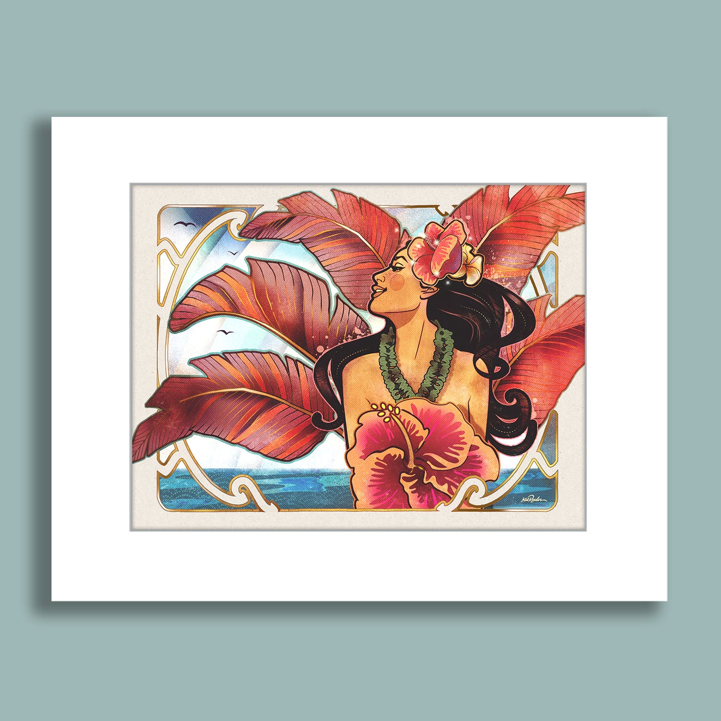 Hawaiian woman with hibiscus in her hair standing before large red palm leaves with ocean and sky in background.