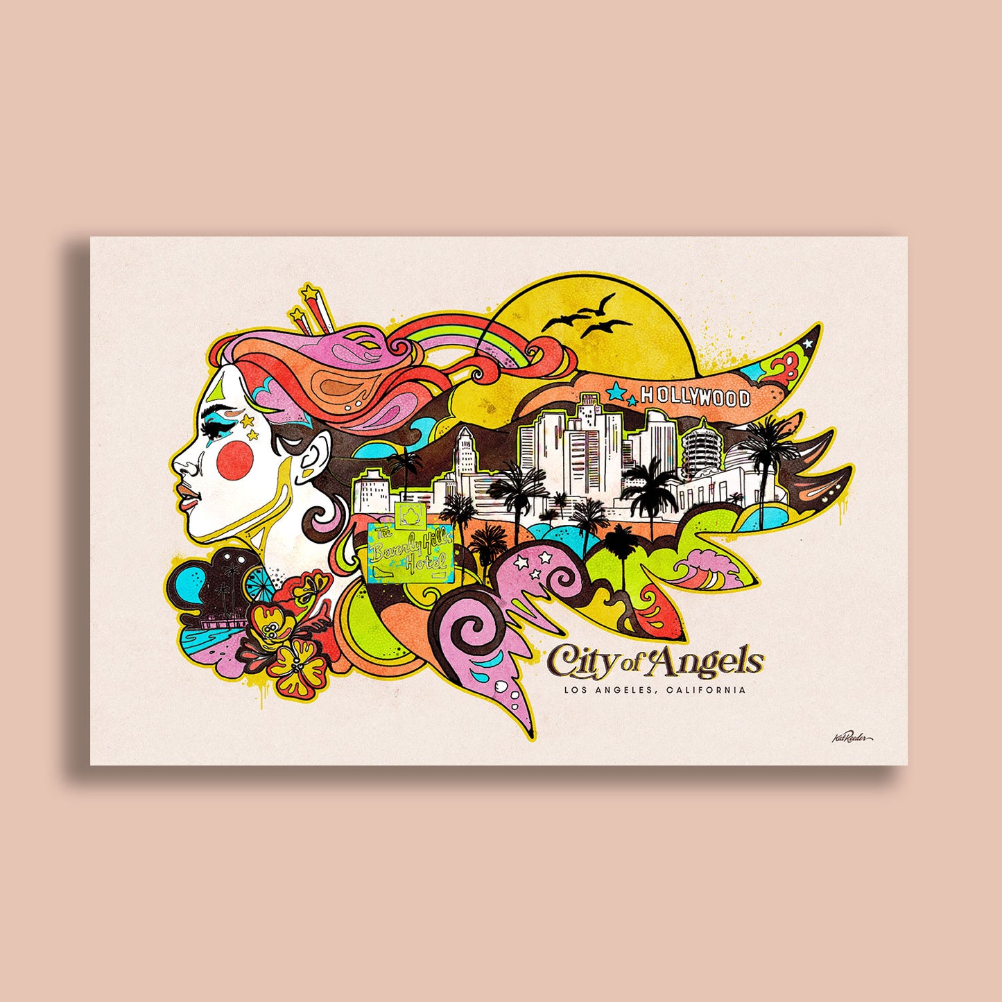 Retro pop art of Los Angeles city skyline with tropical waves and a woman’s profile.