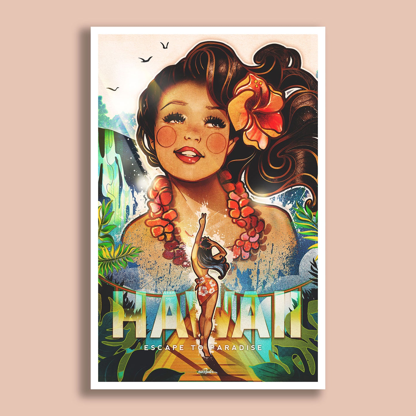 Vintage-style Hawaii travel poster with smiling woman in lei and beach sunset