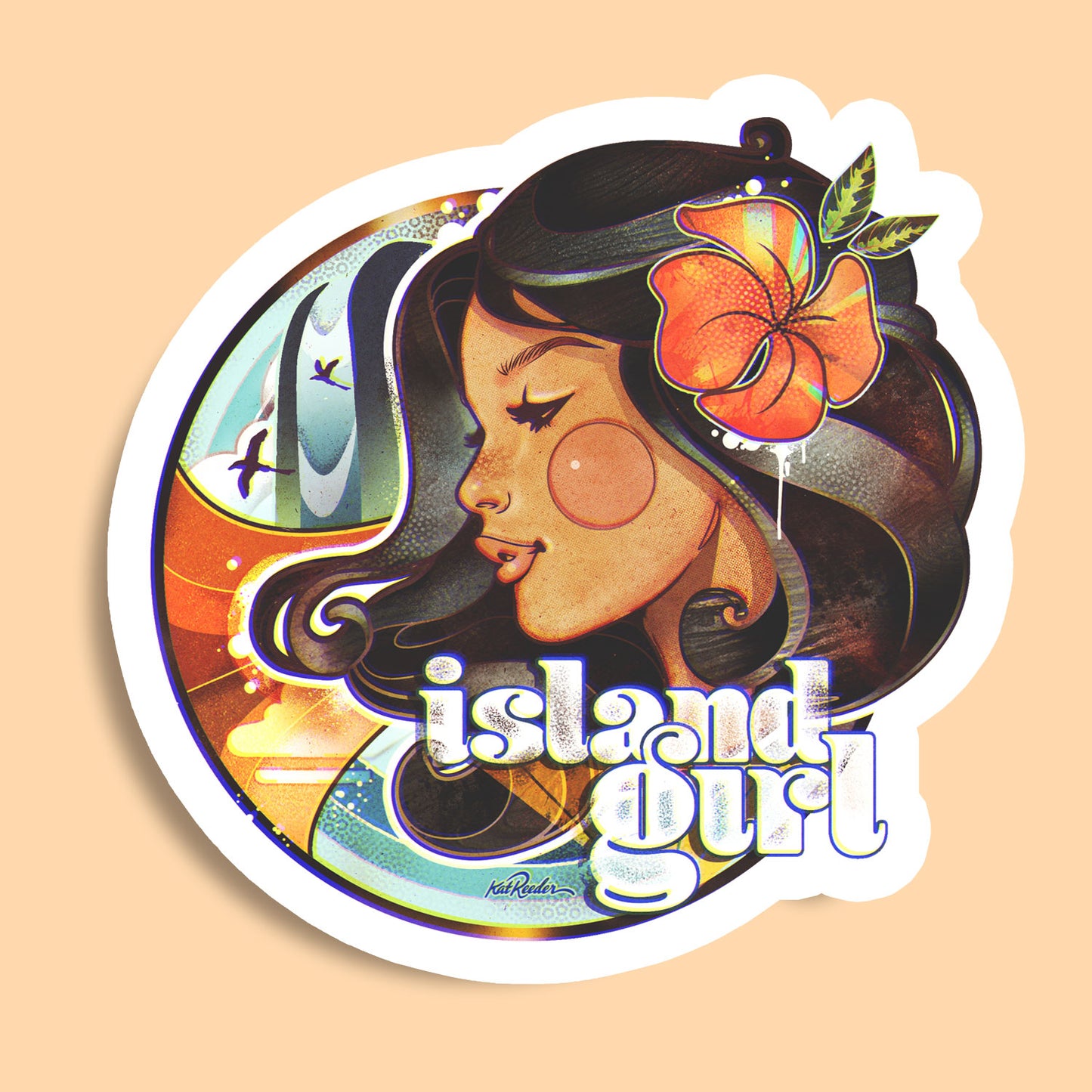 Retro island girl with surfboards and hibiscus flower in hair
