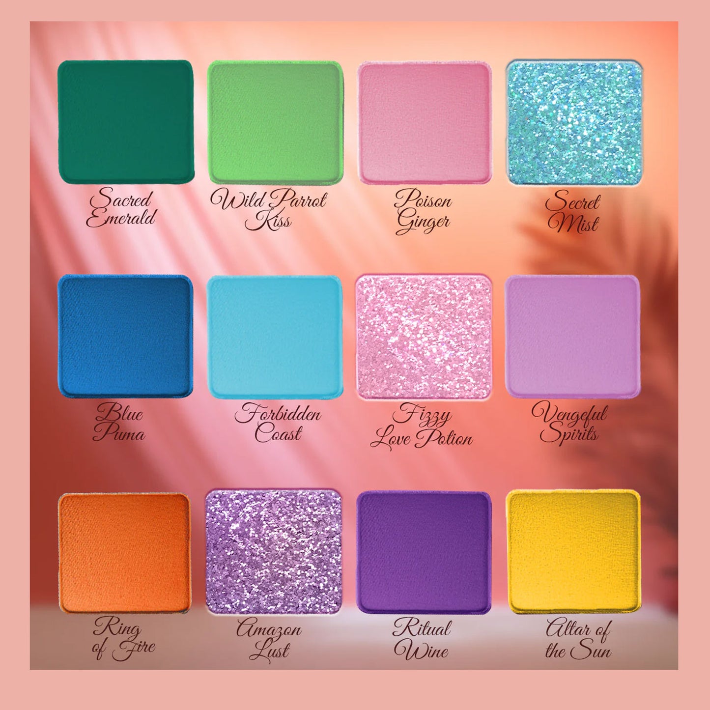12 colorful eyeshadow swatches on a tropical pink background, featuring matte and glitter finishes from Kat Reeder’s Jungle Queen palette. Shades include Sacred Emerald, Wild Parrot Kiss, Poison Ginger, Secret Mist, and more.