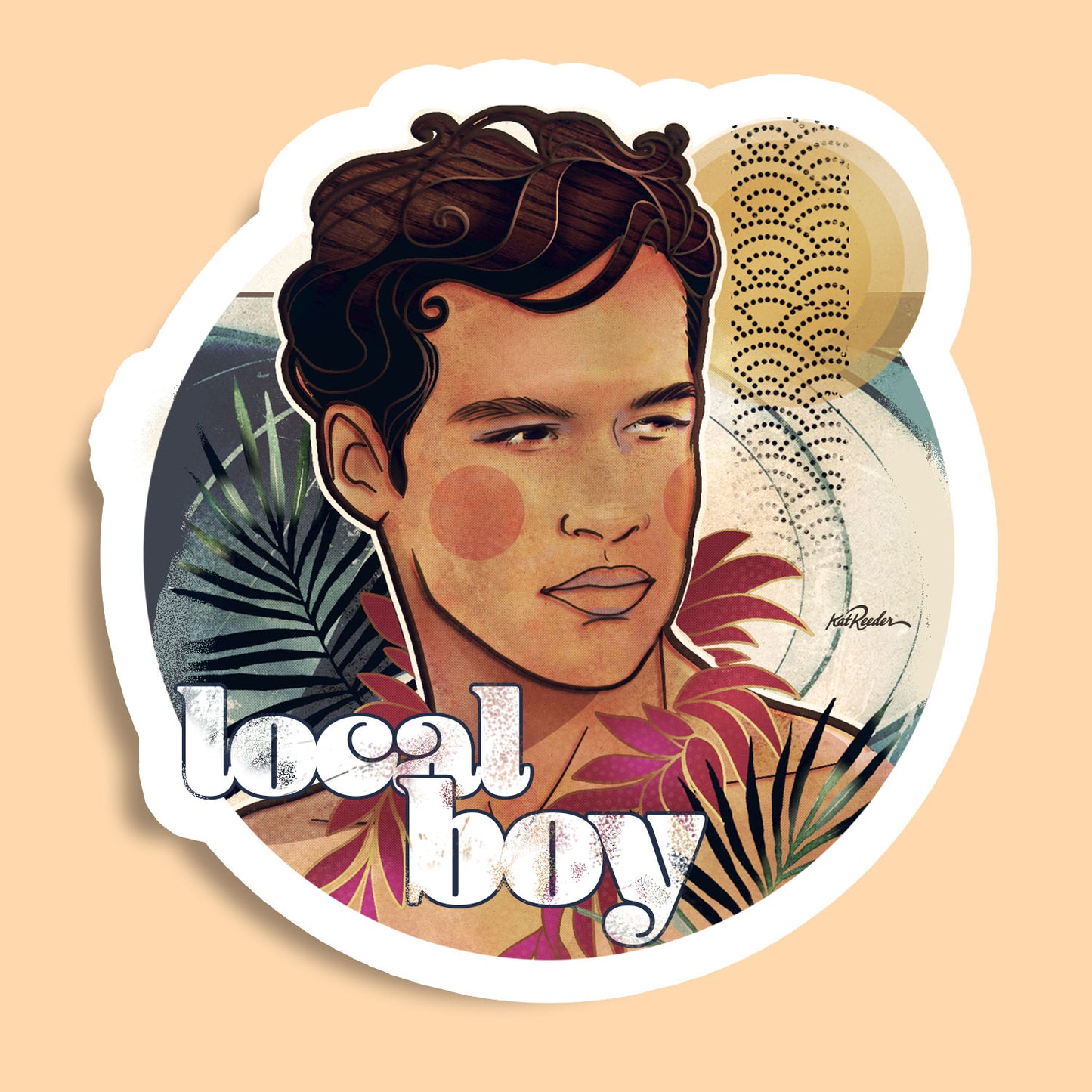 Stylized portrait of tropical local boy with foliage and modern tiki flair