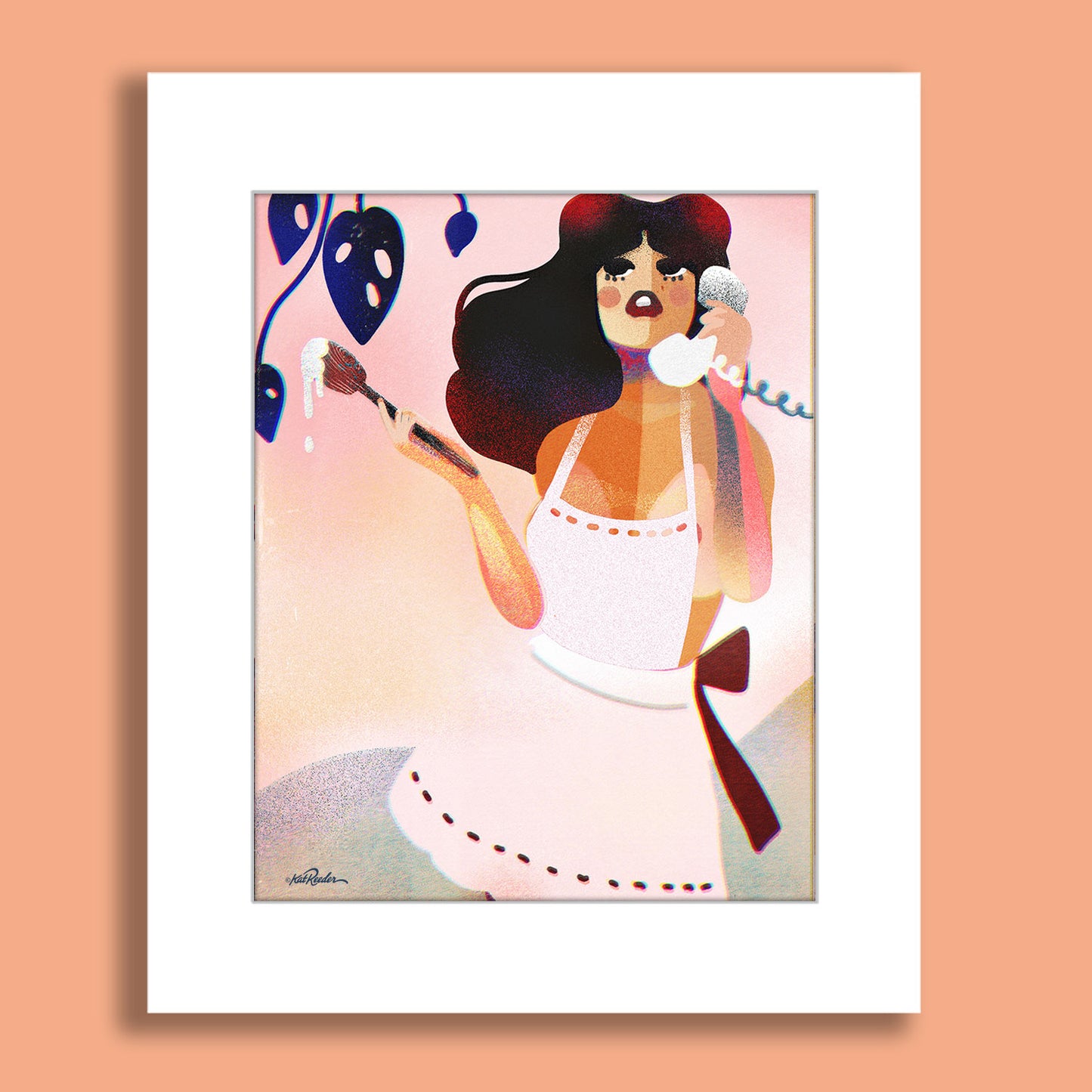 Retro pin-up style woman in apron holding phone and whisk in pink kitchen with tropical leaves