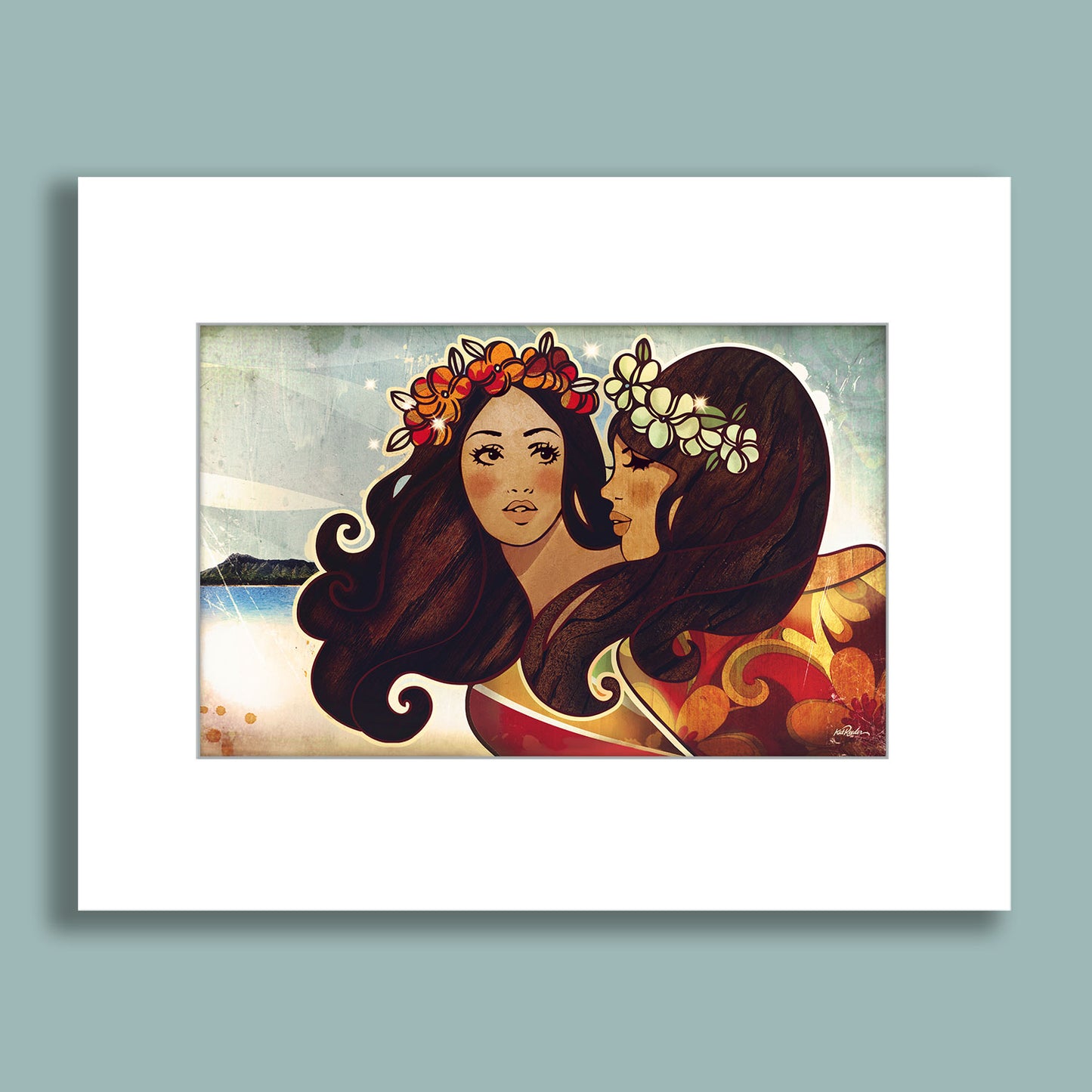 Two Hawaiian women in floral crowns standing together by the sea with retro textures and warm island colors.