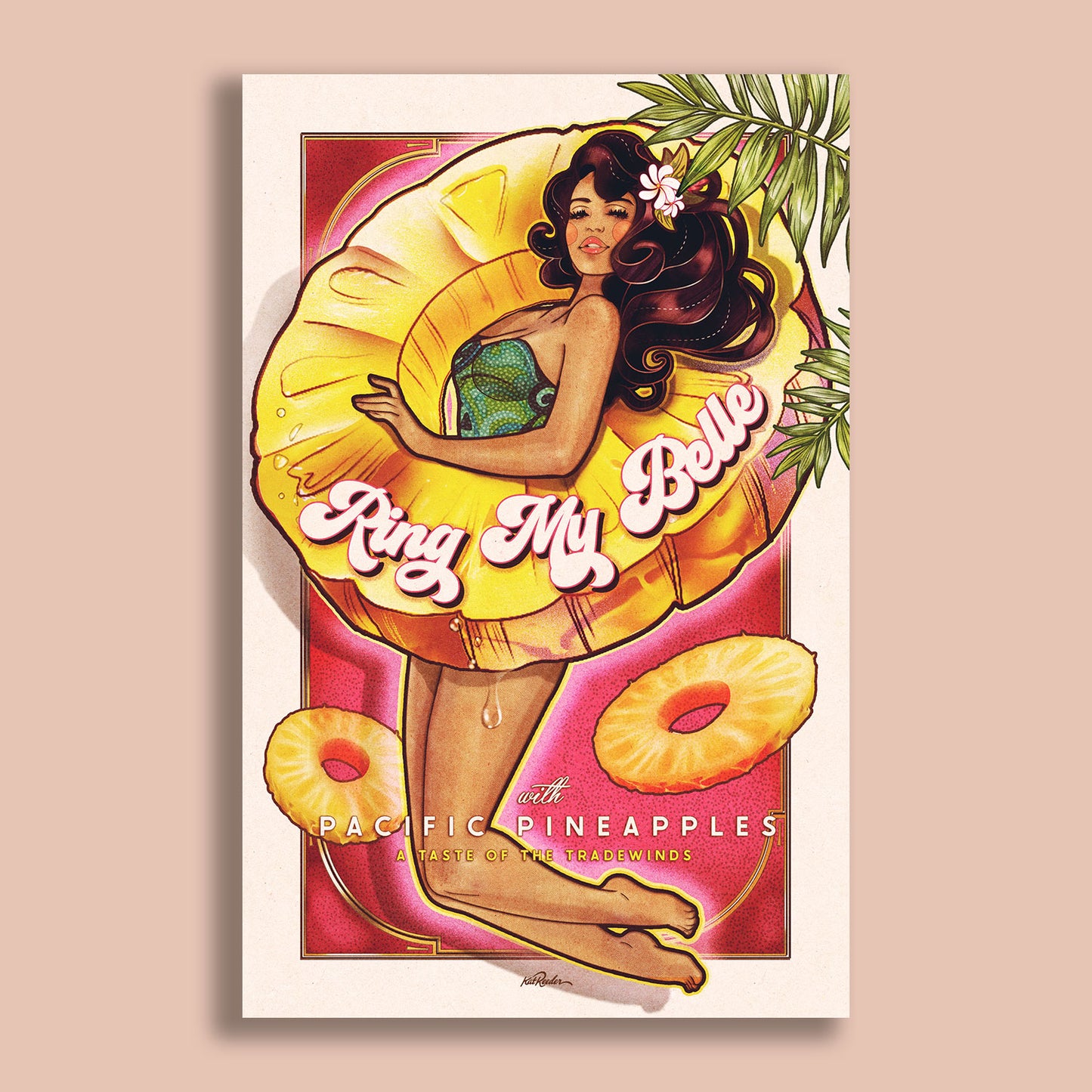 Retro pin-up girl floating in a pineapple ring with "Ring My Belle" text in tropical poster by Kat Reeder
