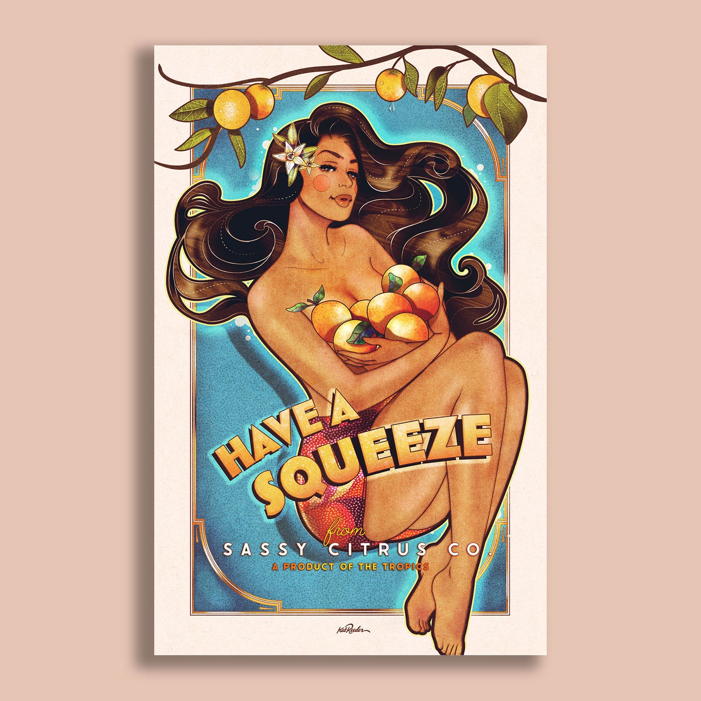 Vintage-style citrus pin-up girl holding oranges in tropical art poster by Kat Reeder
