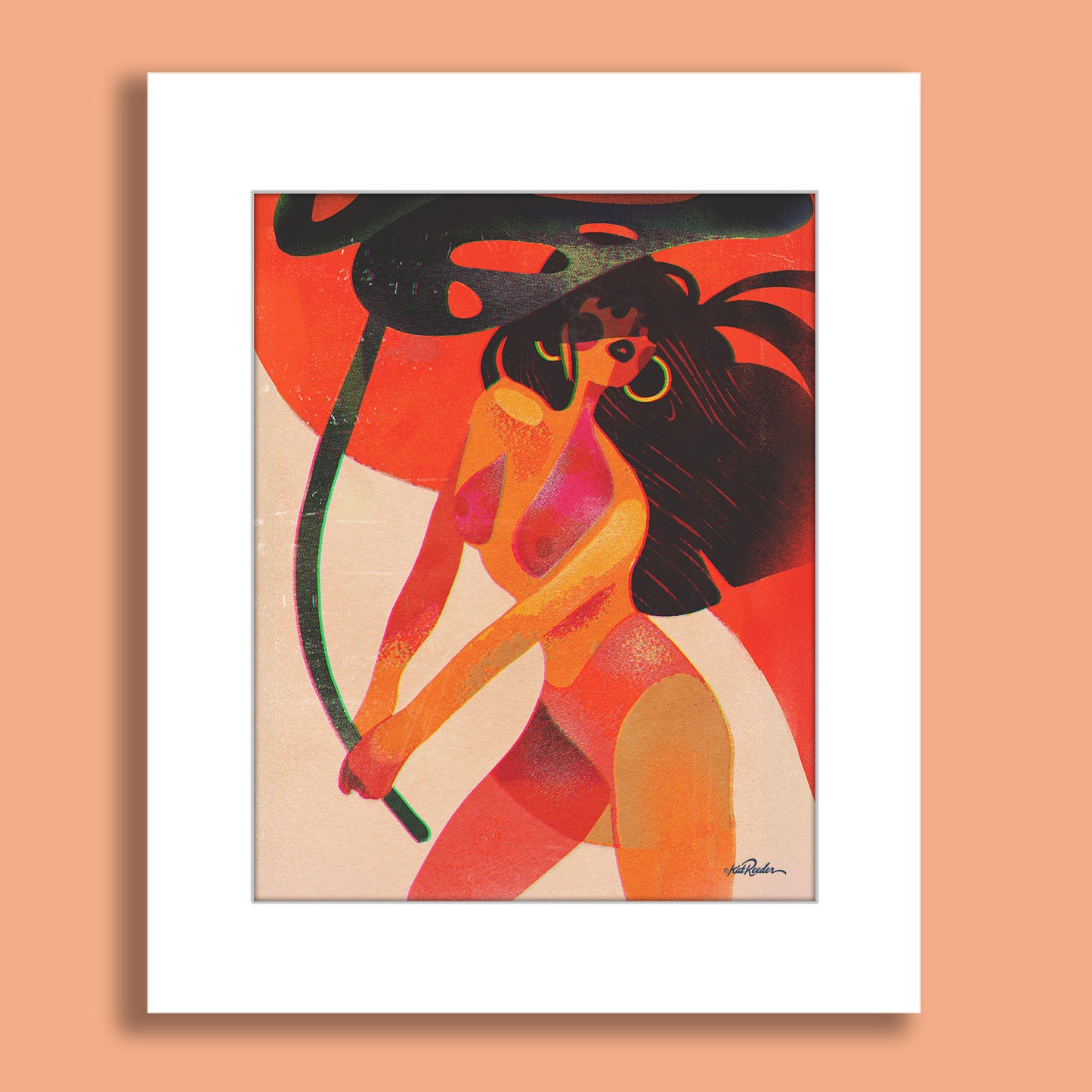 Retro tropical woman in motion holding a large red umbrella with abstract background