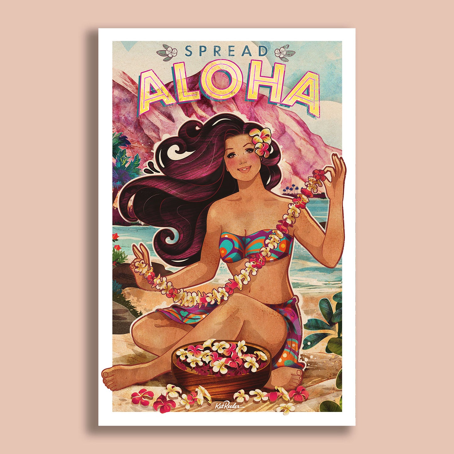 Hawaiian girl making flower lei, sitting on beach, “Spread Aloha” retro poster by Kat Reeder