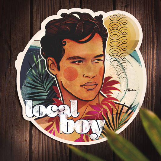 waterproof round diecut sticker of a hawaiian beach boy face. Illustration in a retro 70s style. The sticker features the words "local boy"