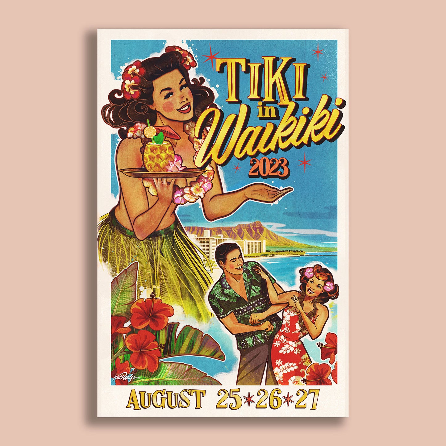 Tiki event poster with hula girl, tiki idol, dancers, and Waikiki backdrop, by Kat Reeder