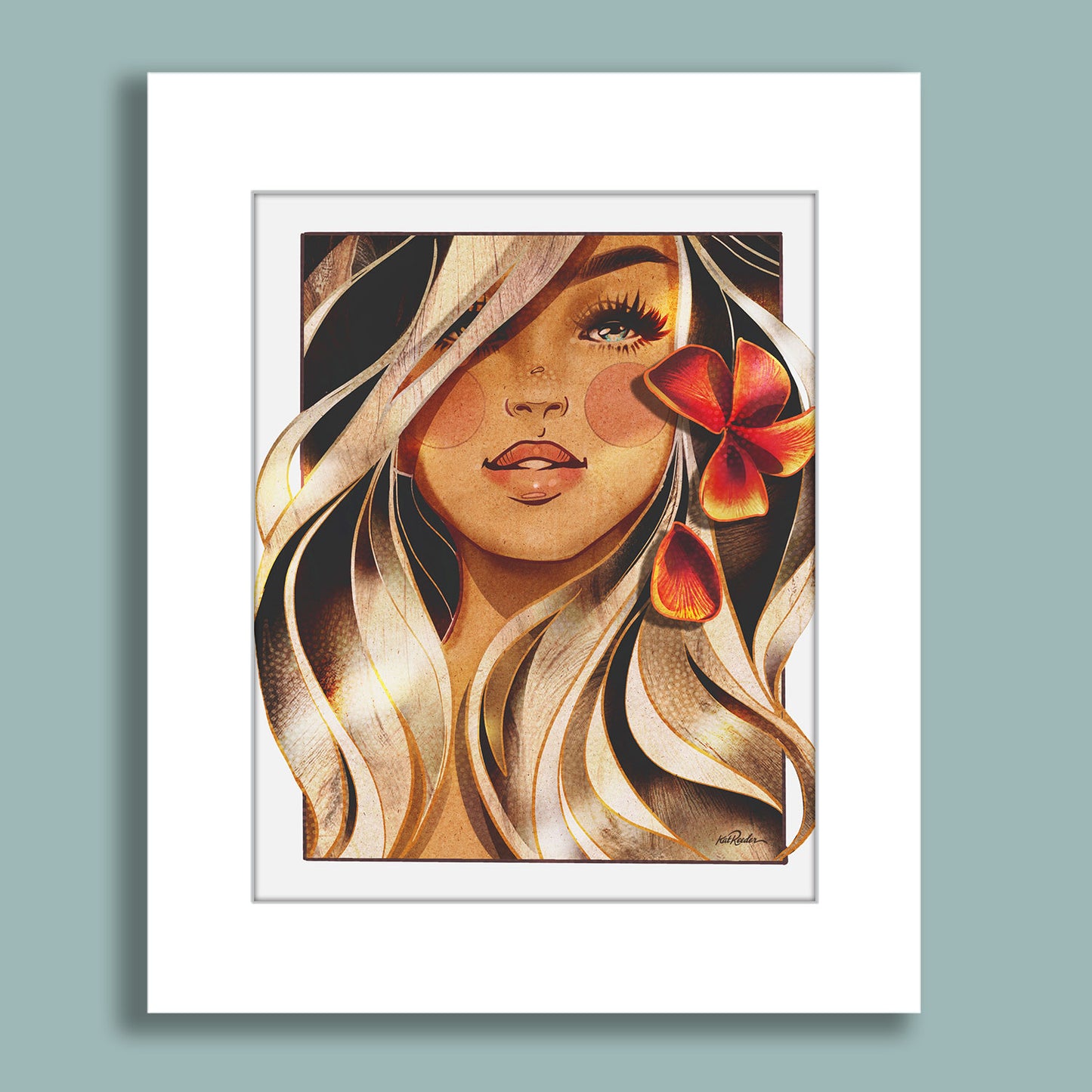 Close-up portrait of a tropical woman with long flowing hair and a red orchid flower, glowing in golden tones.