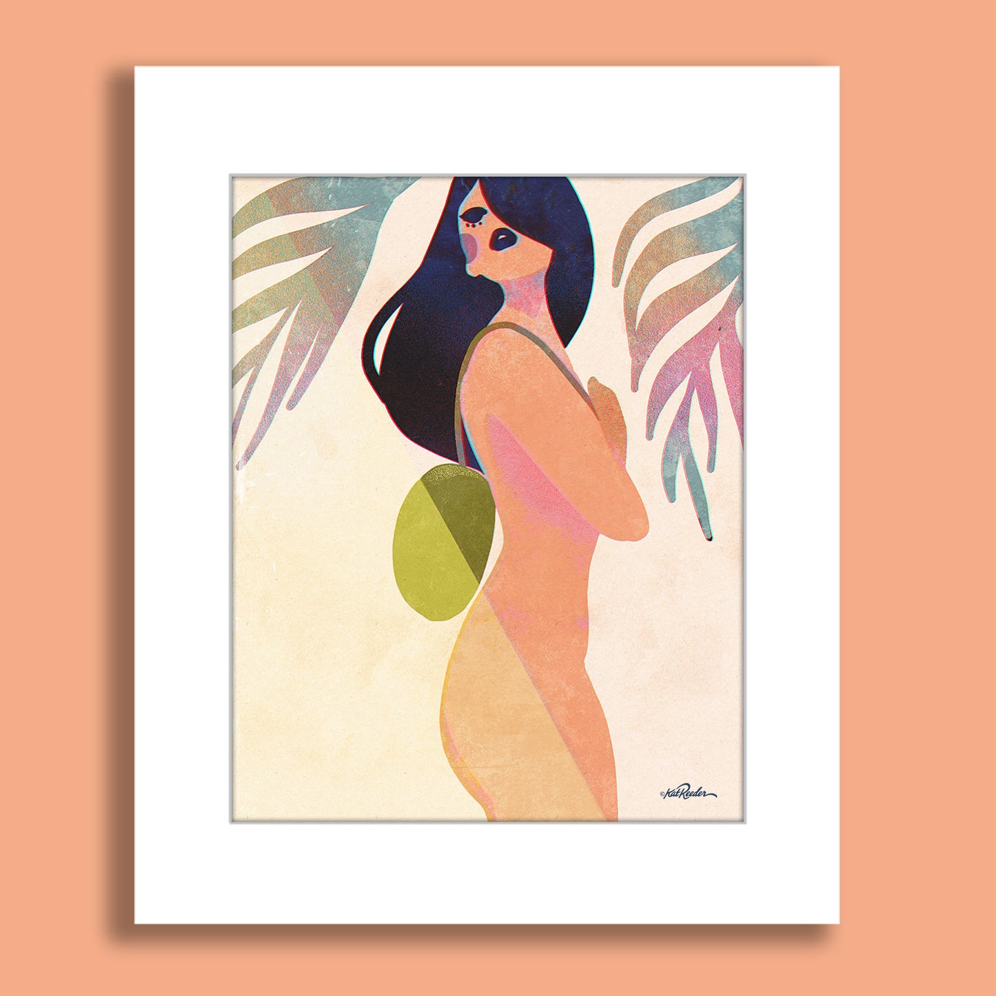 Stylized nude woman with dark hair behind palm leaves. She holds a fresh coconut over her shoulders.