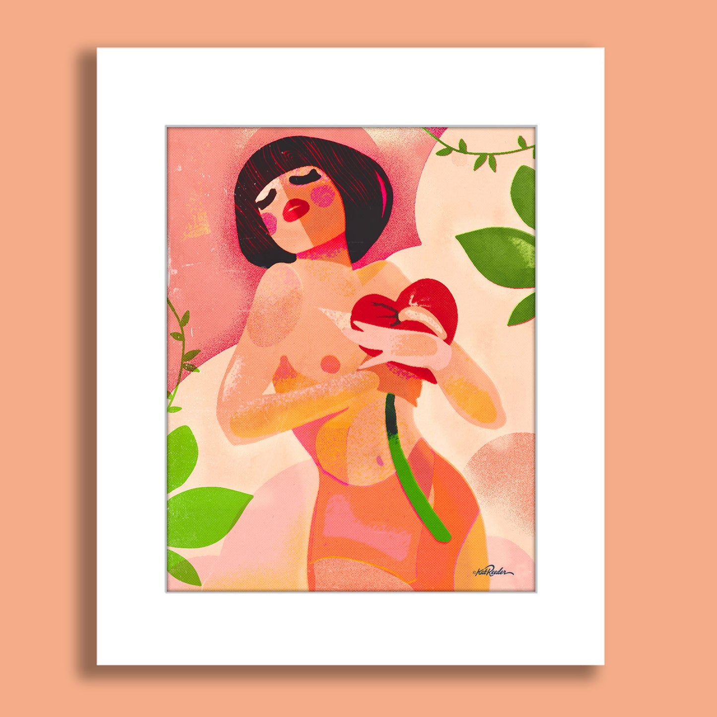 Abstract tropical woman holding red heart flower with bold greenery in background