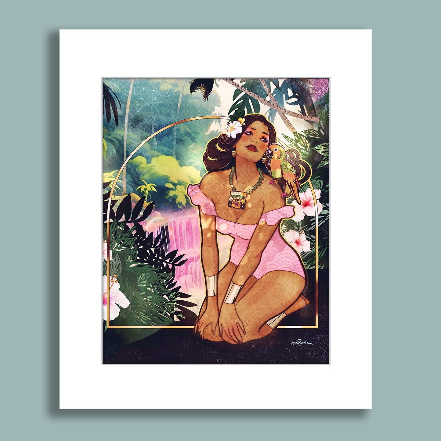 Tropical woman in pink off-shoulder dress with parrot on her shoulder, sitting near a jungle waterfall.