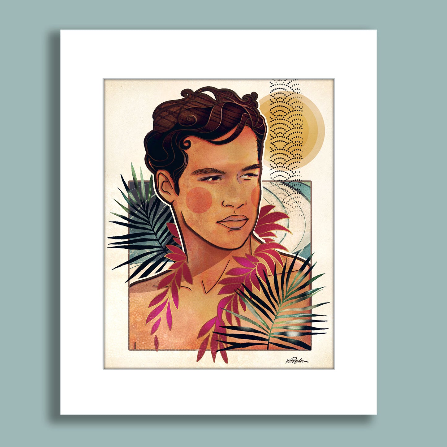 Portrait of a Polynesian man surrounded by tropical leaves and warm retro patterns in minimalist art nouveau style.