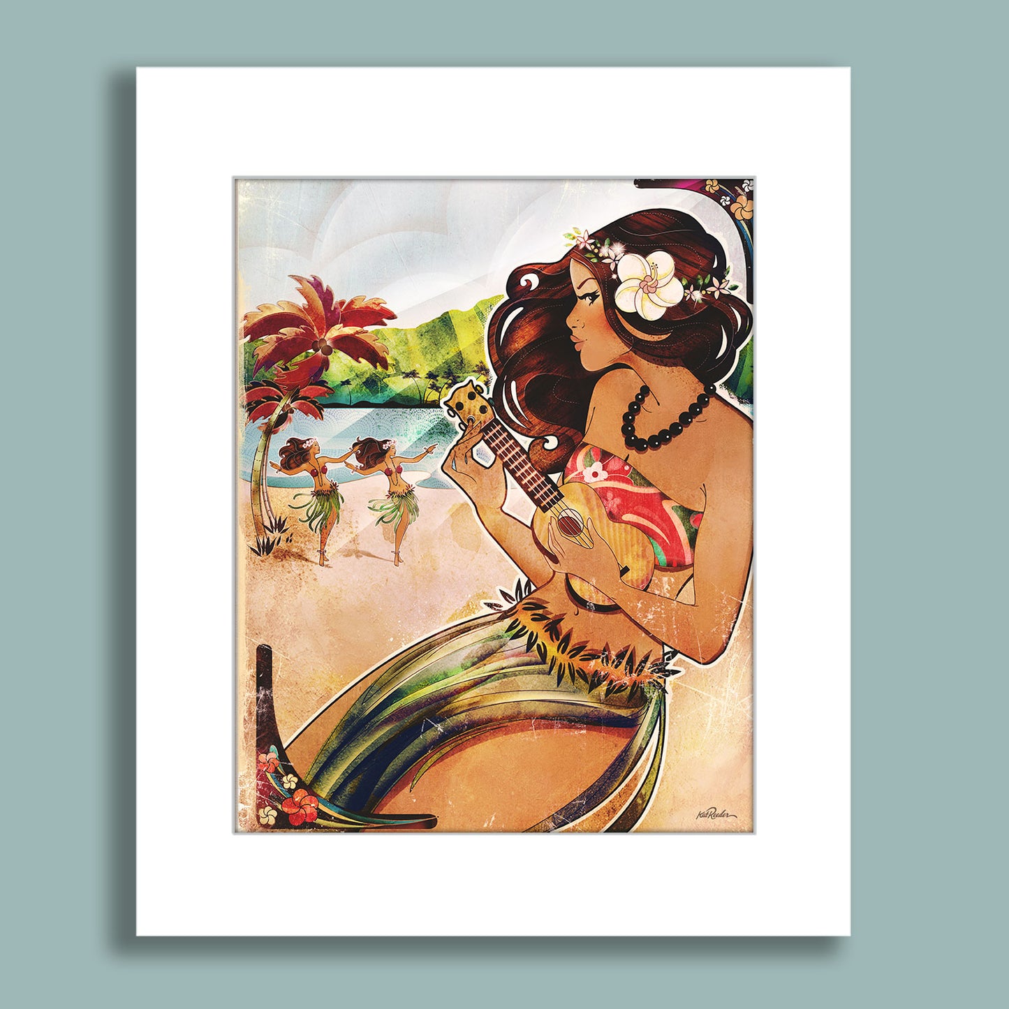Hawaiian woman with a ukulele on the beach as hula dancers perform nearby, surrounded by ocean and palm trees.