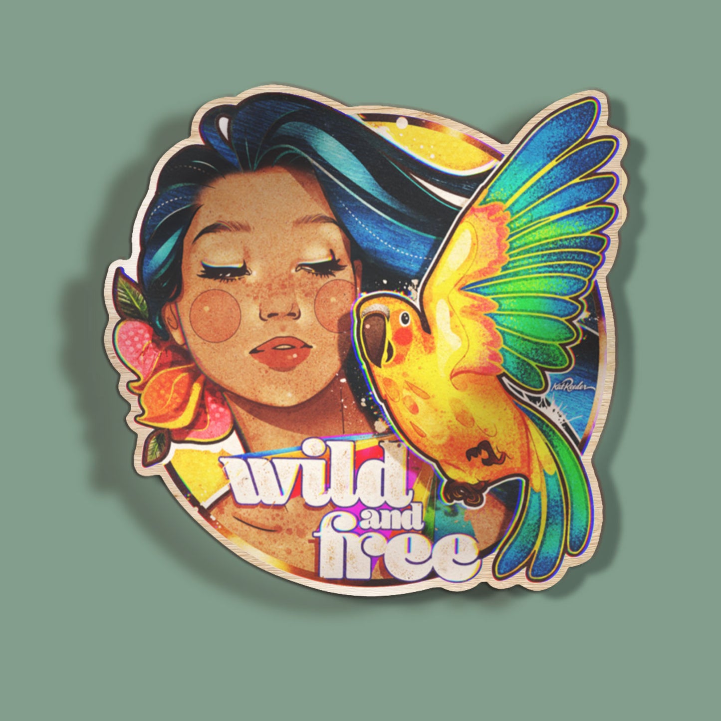 Tropical girl with blue hair and parrot on colorful round wood print titled "Wild and Free" by Kat Reeder