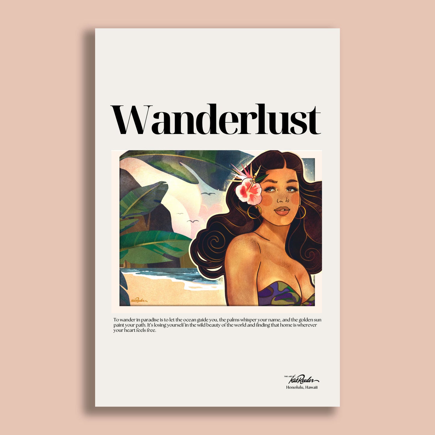 Retro-style tropical woman with hibiscus flower gazing toward horizon in poster titled “Wanderlust” by Kat Reeder