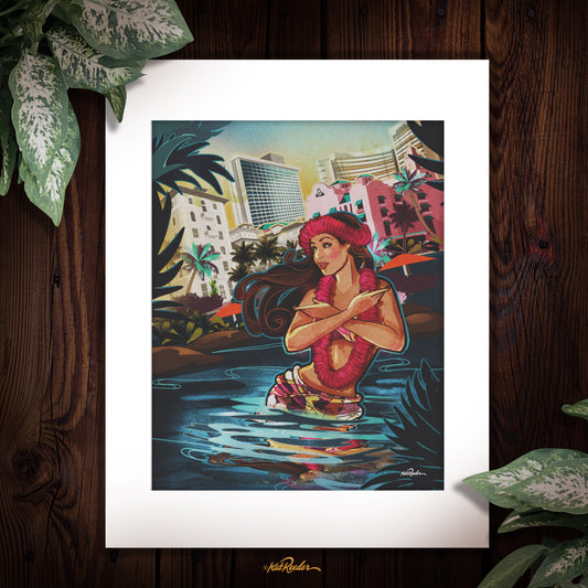 vintage style illustration of a hawaiian woman in a hotel pool dancing hula surrounded by Royal Hawaiian Hotel, Moana Surfrider Hotel and Sheraton Hotel Waikiki