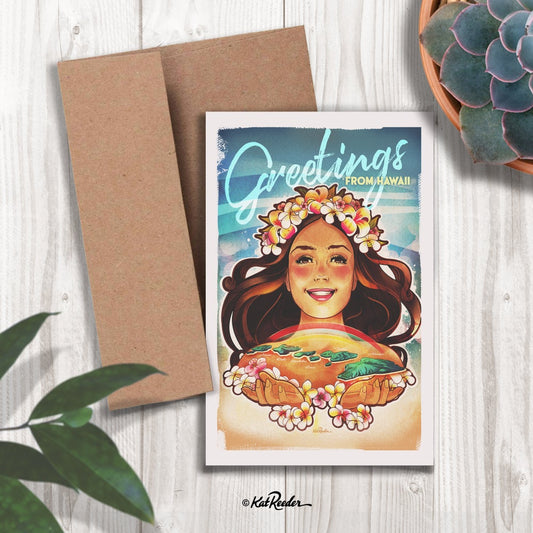 5x7 greeting card featuring an illustration of a hula girl cradling the five hawaiian islands, text on card reads "Greetings from Hawaii"