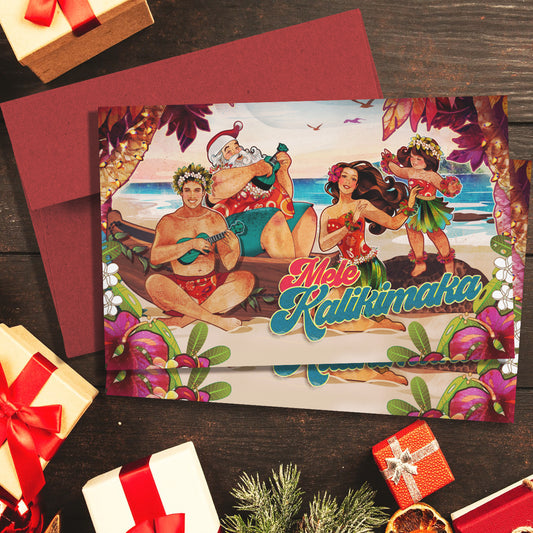 tropical holiday card featuring an illustration of a hawaiian family including a boy playing ukulele, a woman and a girl dancing hula and Santa Claus in a canoe. The backdrop includes a beach and red palm trees covered in christmas lights