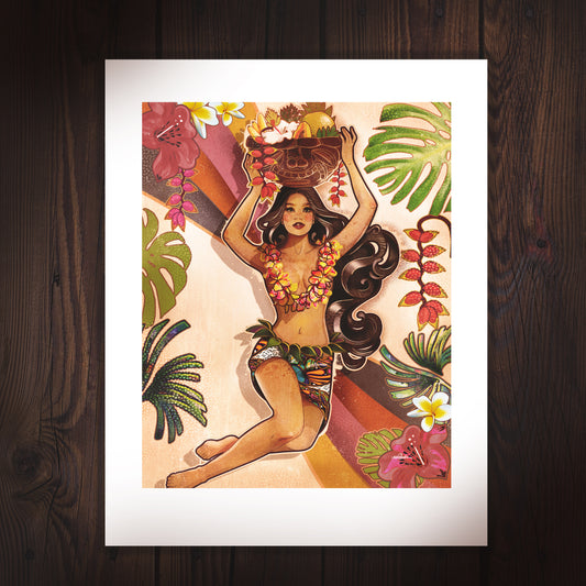 11x14 matted print of an illustration of an island girl with a tiki-style fruit basket on her head, surrounded by stylized monstera leaves and flowers, in the style of vintage travel posters. 