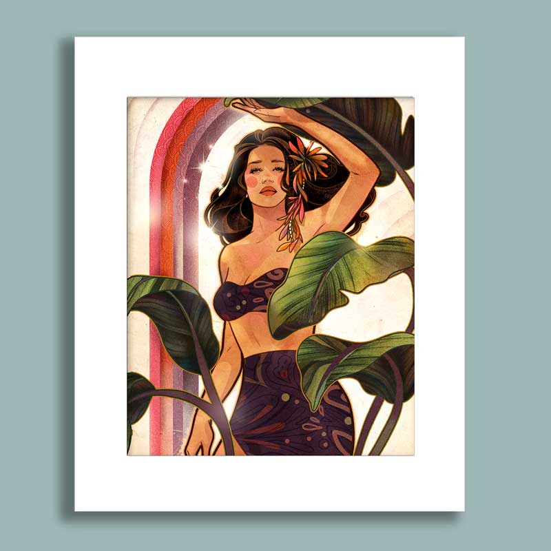 Artistic illustration of a woman with plants on a light blue background